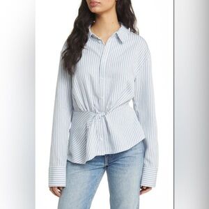 Topshop Twist Front Button Down Blouse Womens 14 Blue Striped